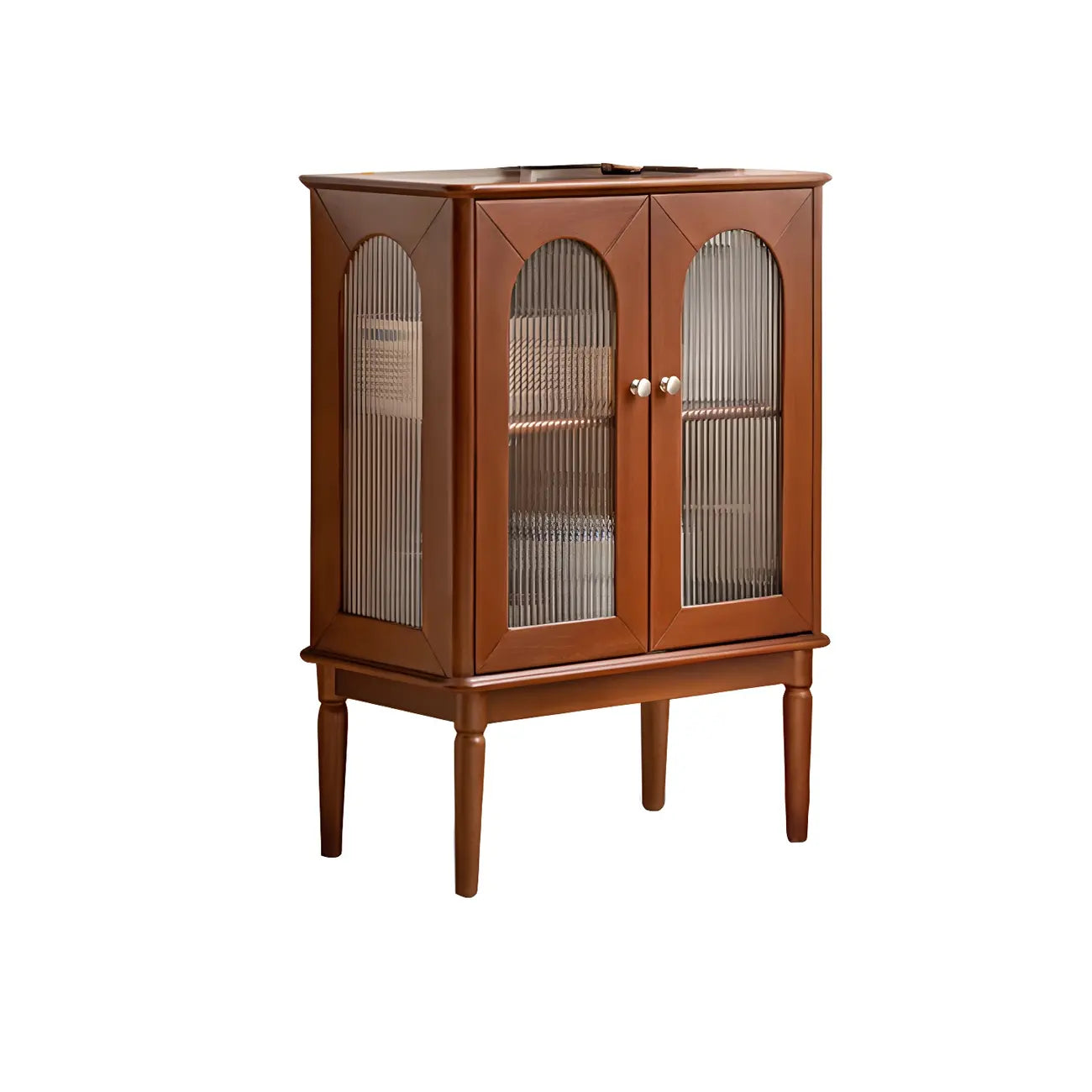 Petit vaisselier en bois brun avec porte vitrée et éclairage intégré.