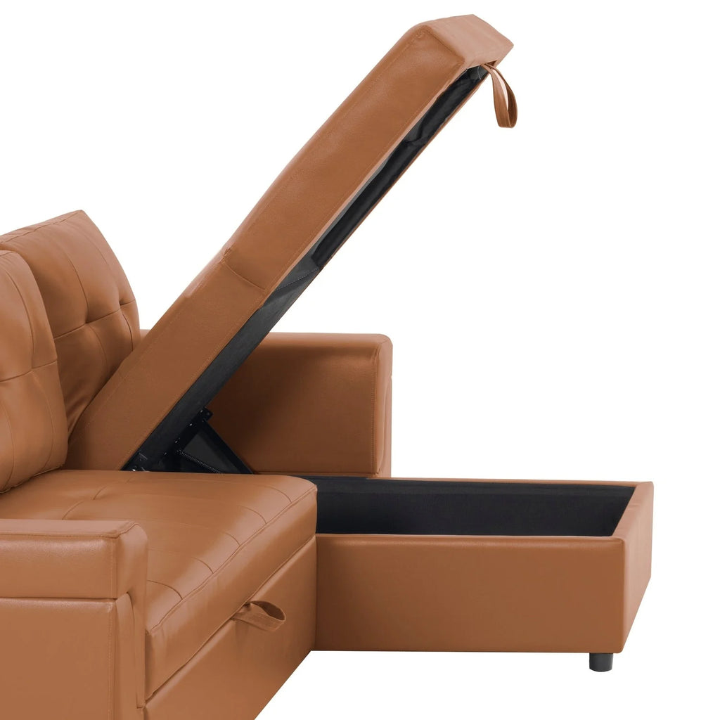 Canapé d'angle convertible et réversible avec lit gigogne, méridienne de rangement dissimulée et pieds robustes.