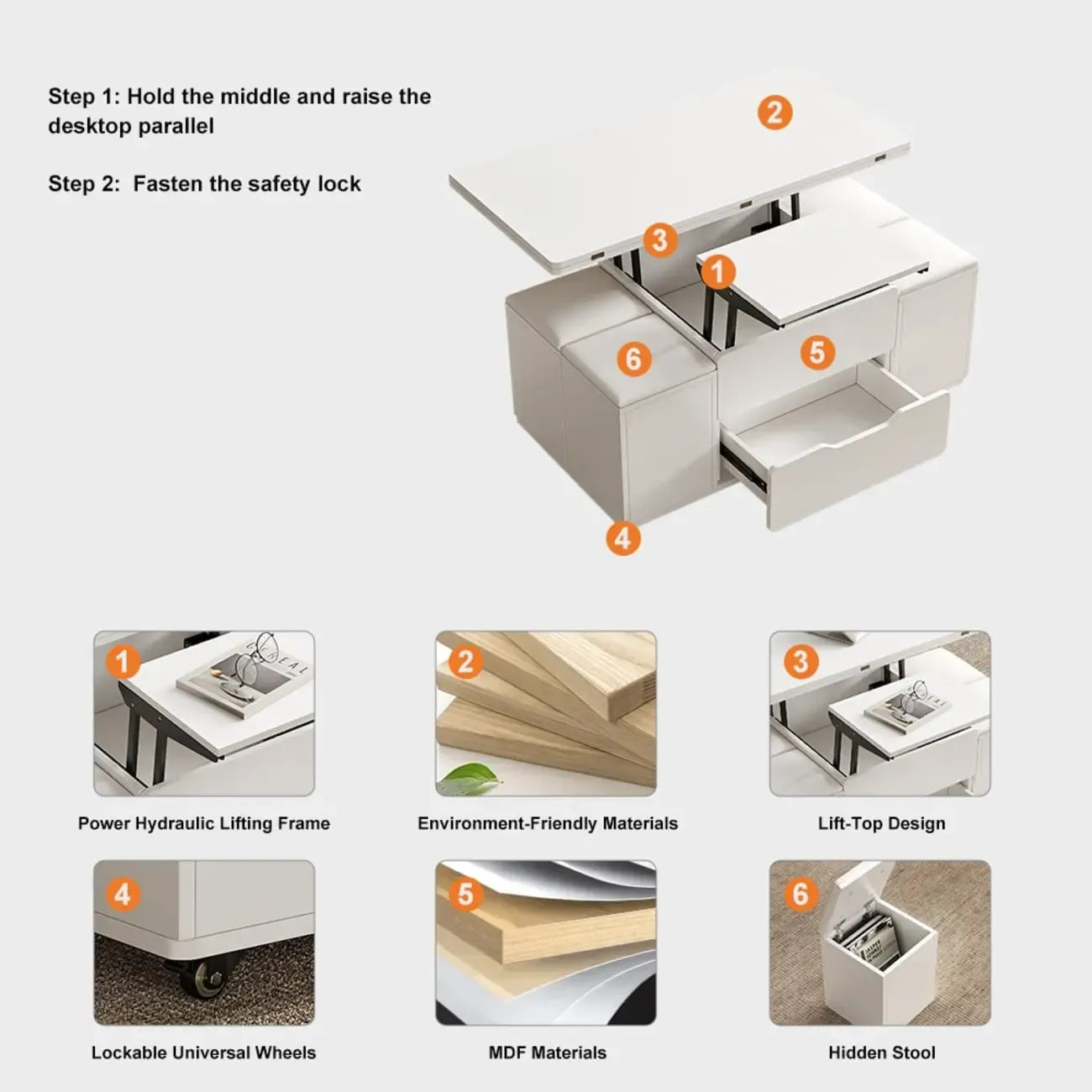 Table basse pliable à plateau relevable avec 4 tabourets et rangement
