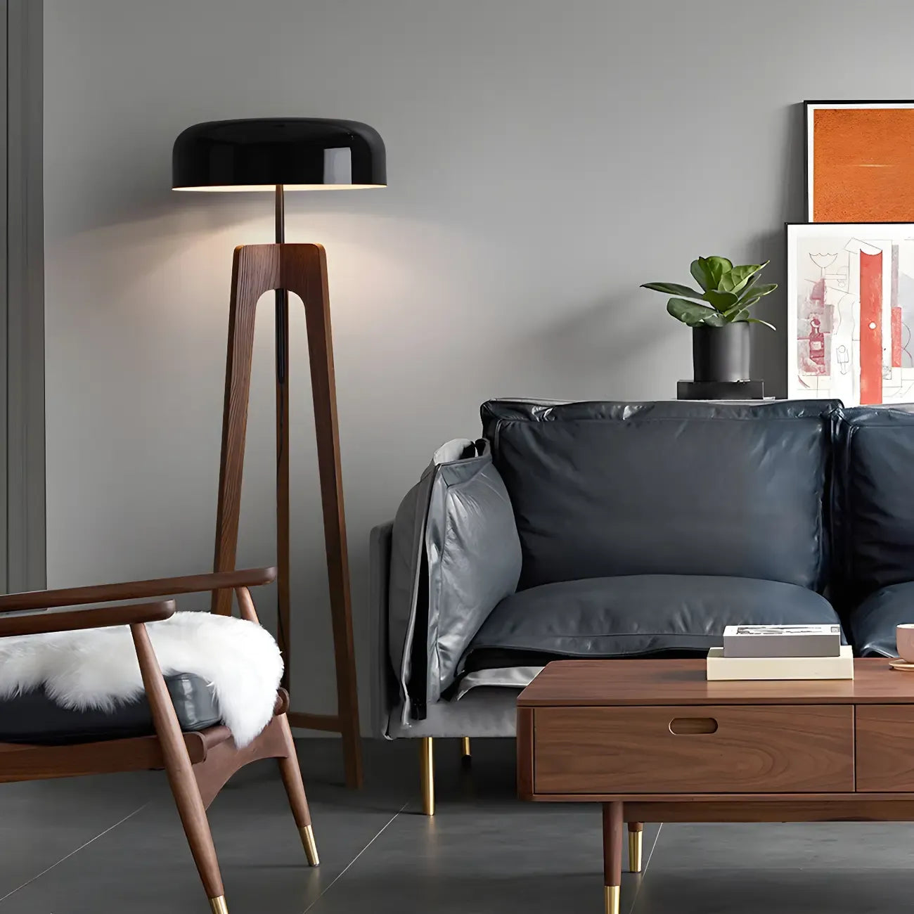 Lampadaire trépied en bois à dôme moderne avec prise pour salon