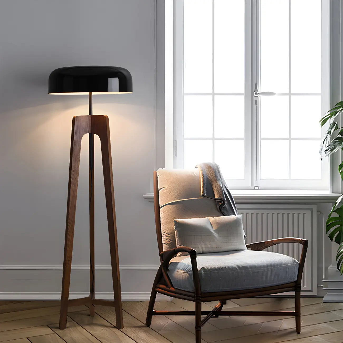 Lampadaire trépied en bois à dôme moderne avec prise pour salon