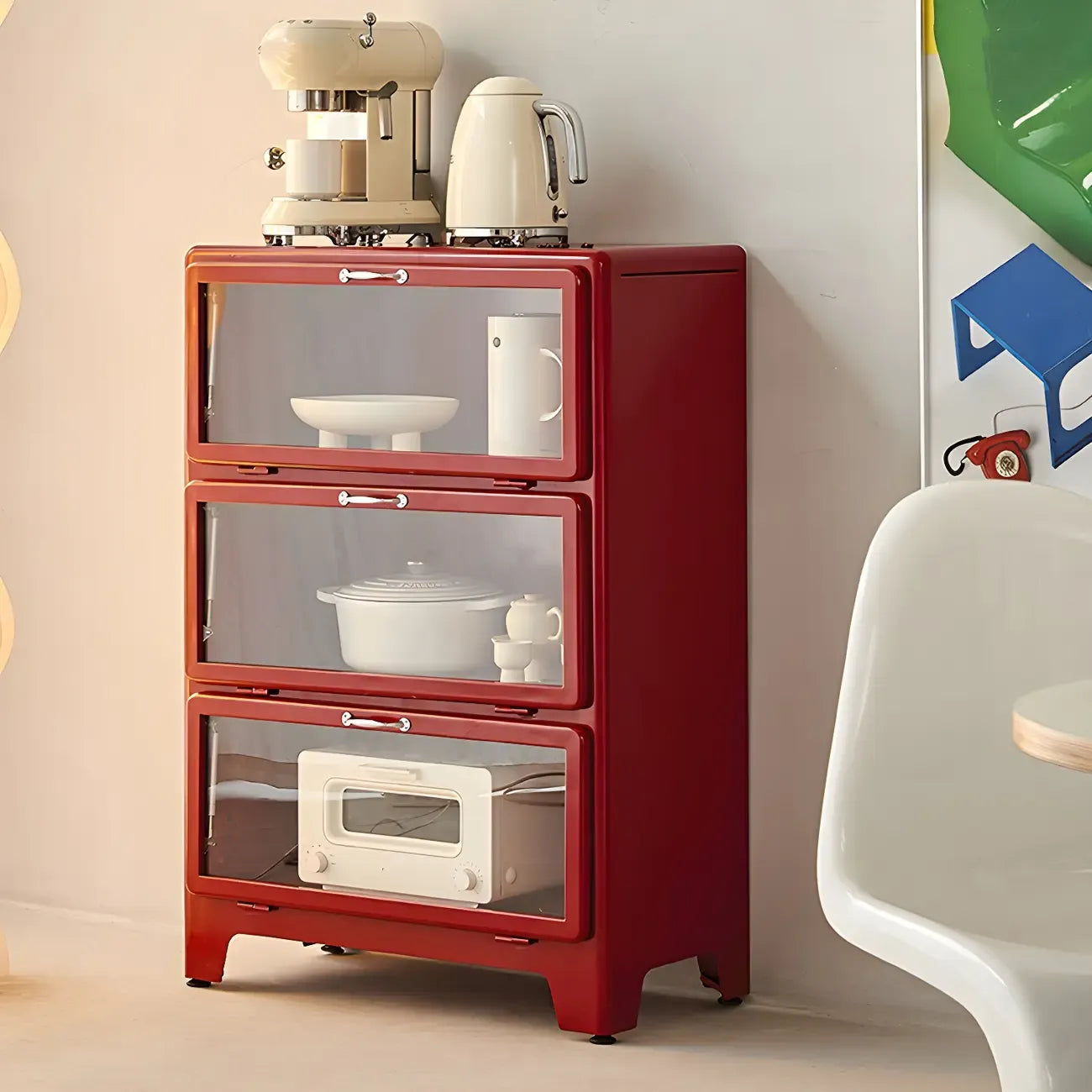 Vitrine rouge glamour en acier avec portes vitrées pour salle à manger