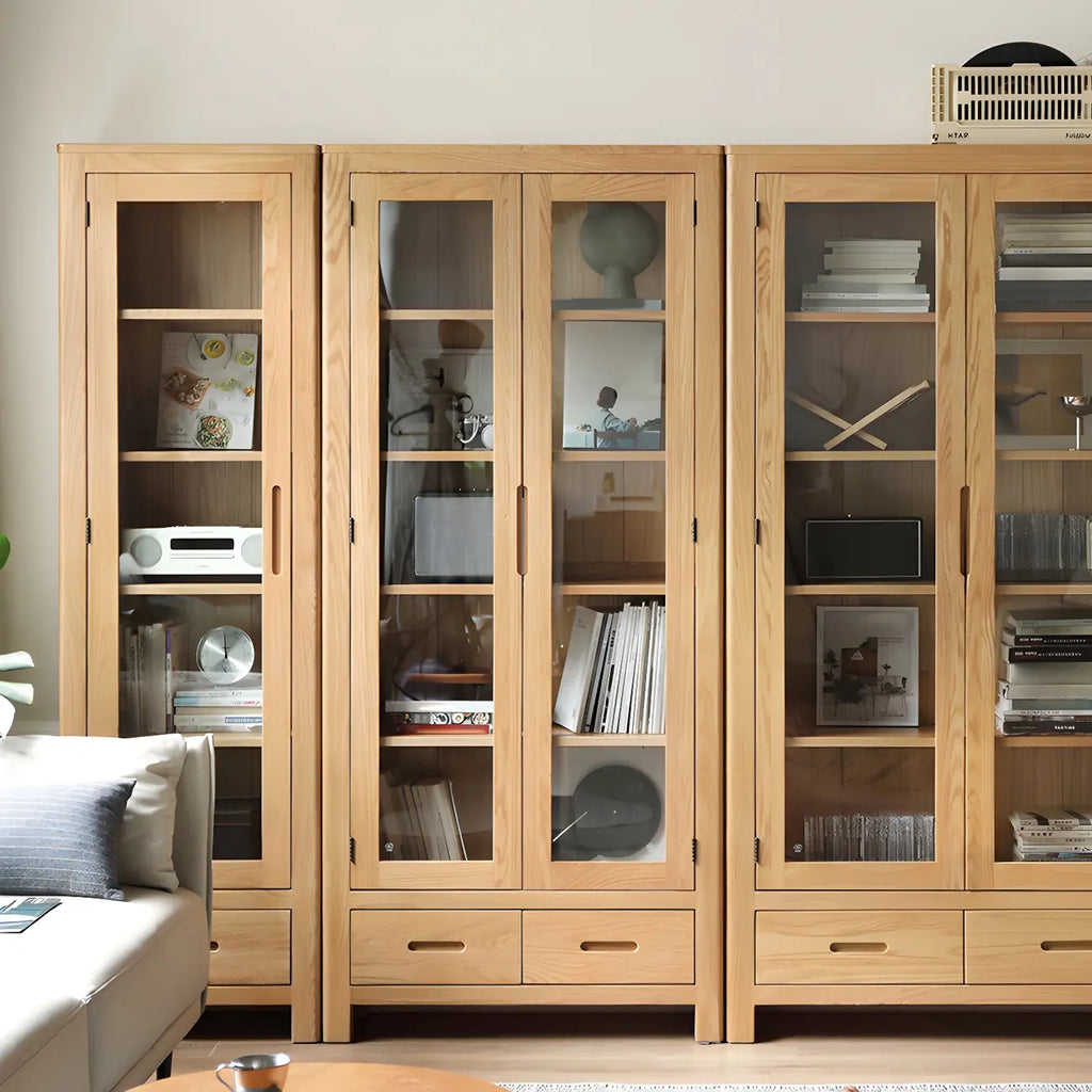 Mobile espositivo a 2 cassetti in legno naturale con ripiani regolabili