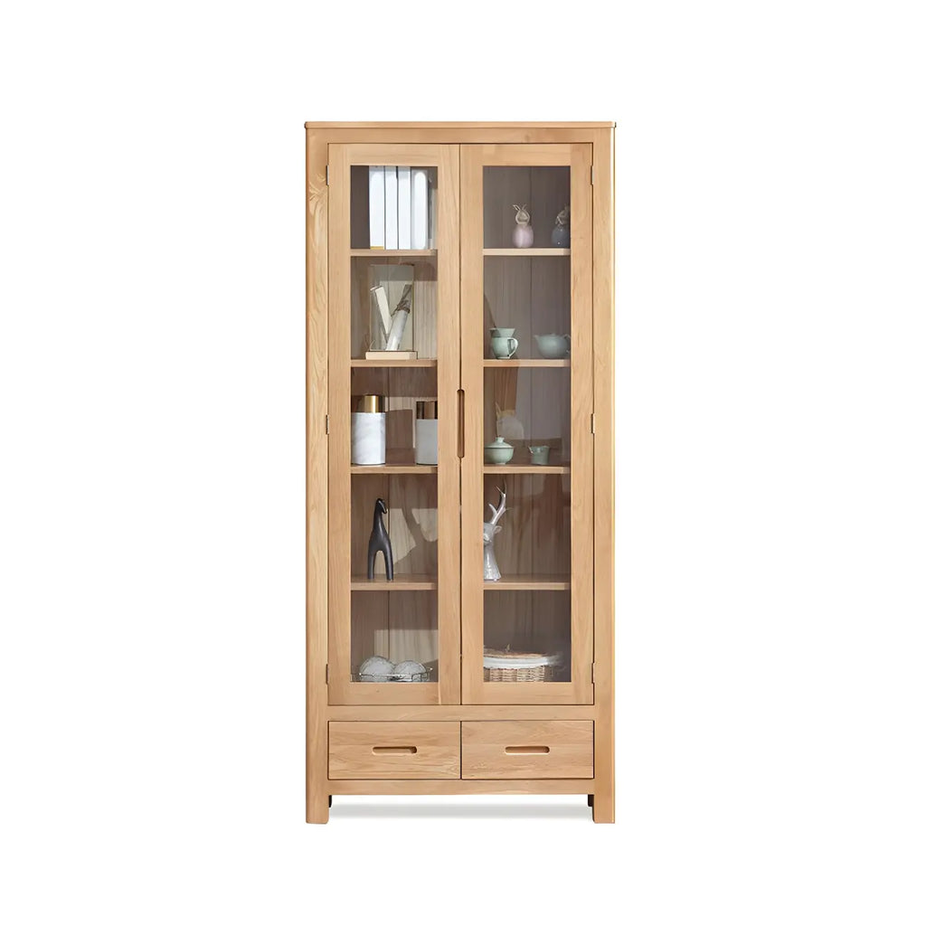 Mobile espositivo a 2 cassetti in legno naturale con ripiani regolabili