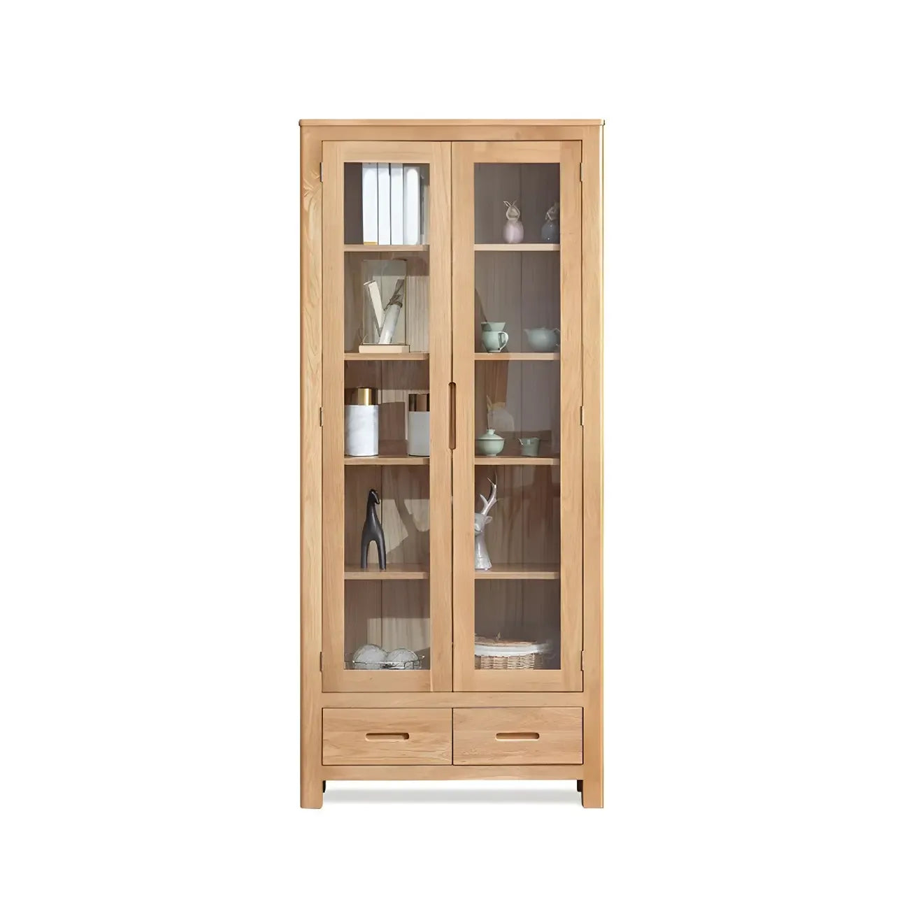 Mobile espositivo a 2 cassetti in legno naturale con ripiani regolabili