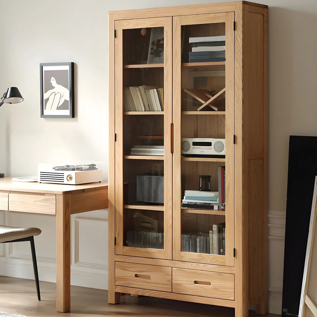 Mobile espositivo a 2 cassetti in legno naturale con ripiani regolabili