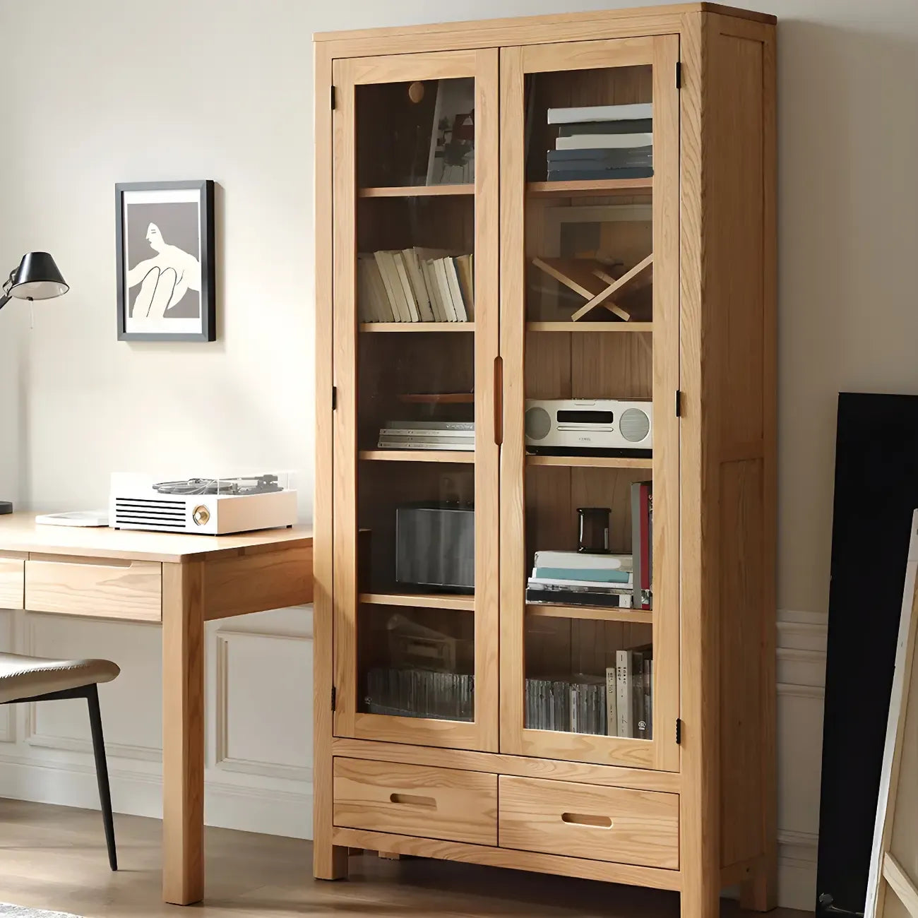 Mobile espositivo a 2 cassetti in legno naturale con ripiani regolabili