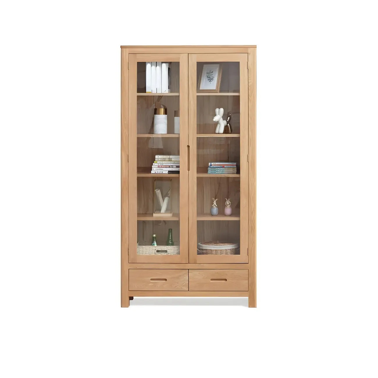 Mobile espositivo a 2 cassetti in legno naturale con ripiani regolabili