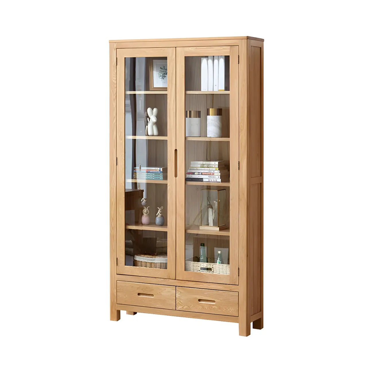 Mobile espositivo a 2 cassetti in legno naturale con ripiani regolabili