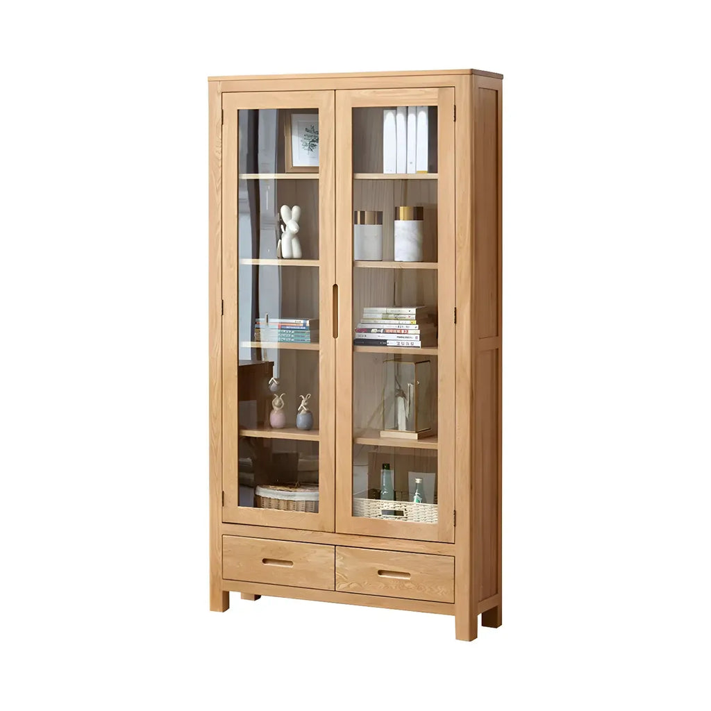 Mobile espositivo a 2 cassetti in legno naturale con ripiani regolabili