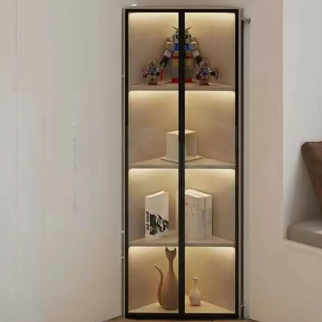 Vitrine d'angle moderne en métal gris et bois avec porte vitrée