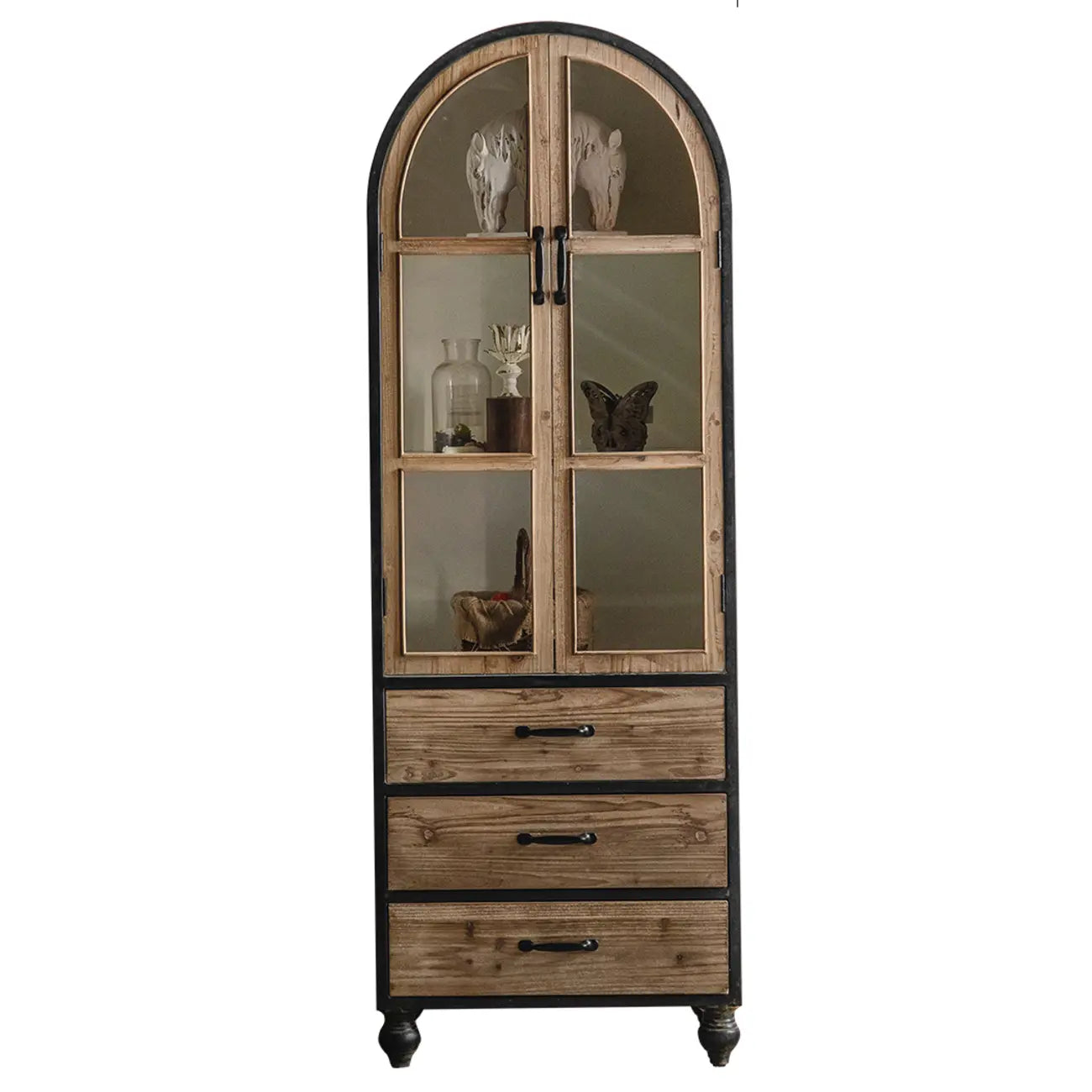 Vitrine classique en bois brun courbé avec porte vitrée