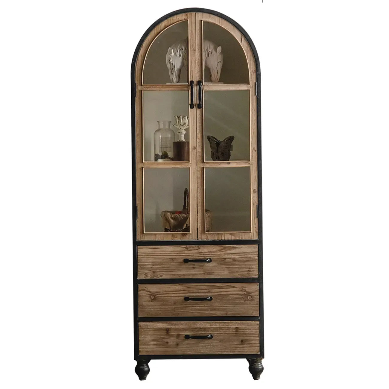 Vitrine classique en bois brun courbé avec porte vitrée