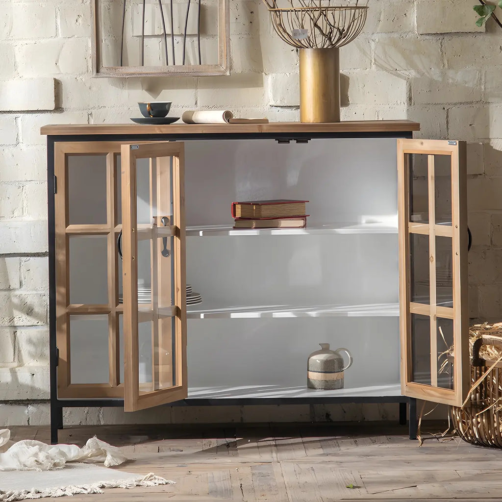 Vitrine classique en bois brun courbé avec porte vitrée