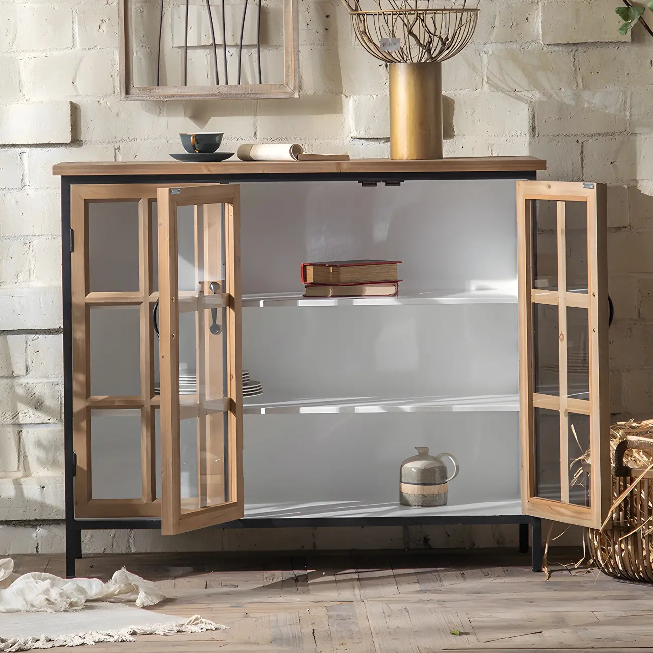 Vitrine classique en bois brun courbé avec porte vitrée