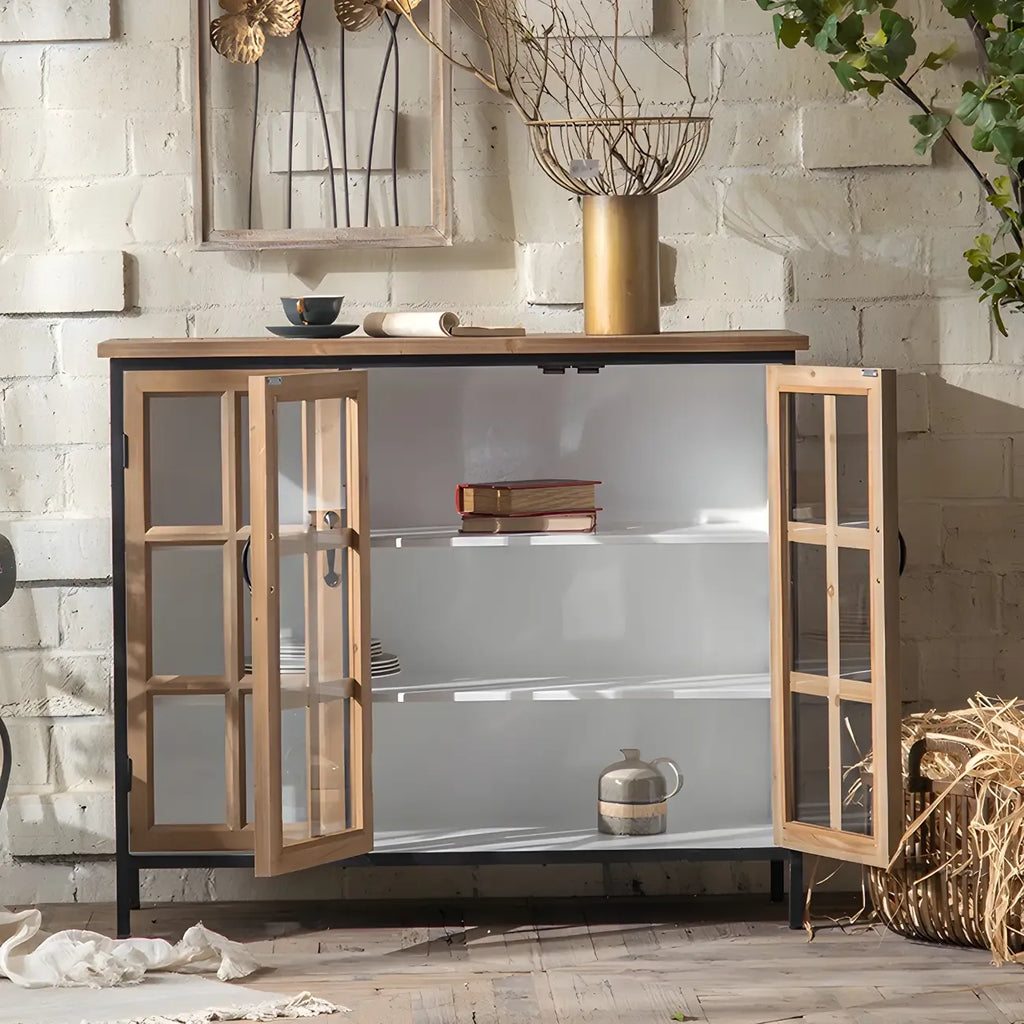 Vitrine classique en bois brun courbé avec porte vitrée
