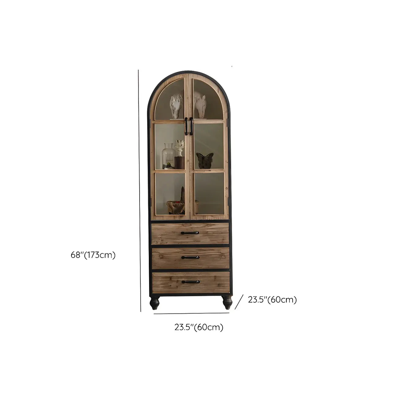 Vitrine classique en bois brun courbé avec porte vitrée
