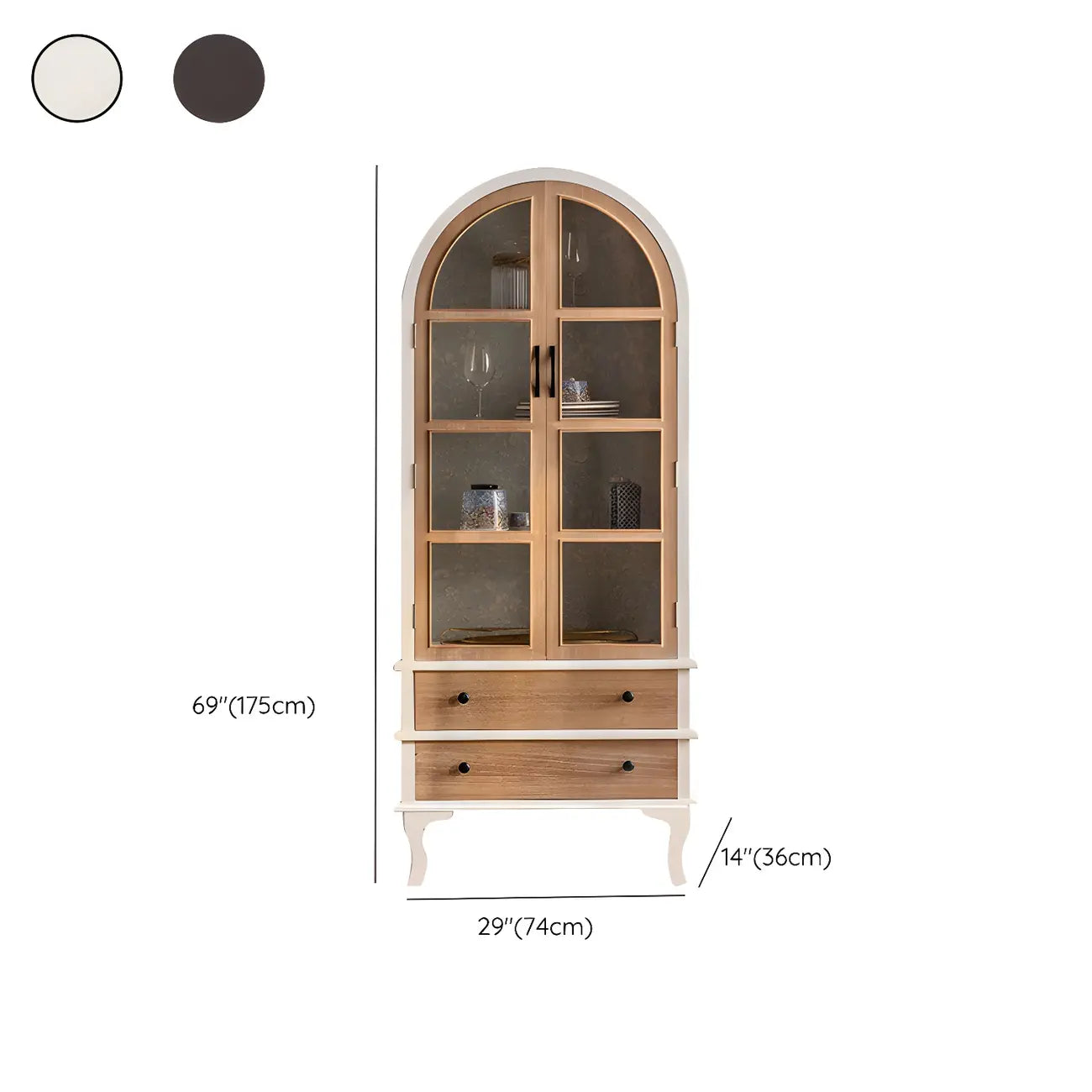 Vitrine classique en bois brun courbé avec porte vitrée