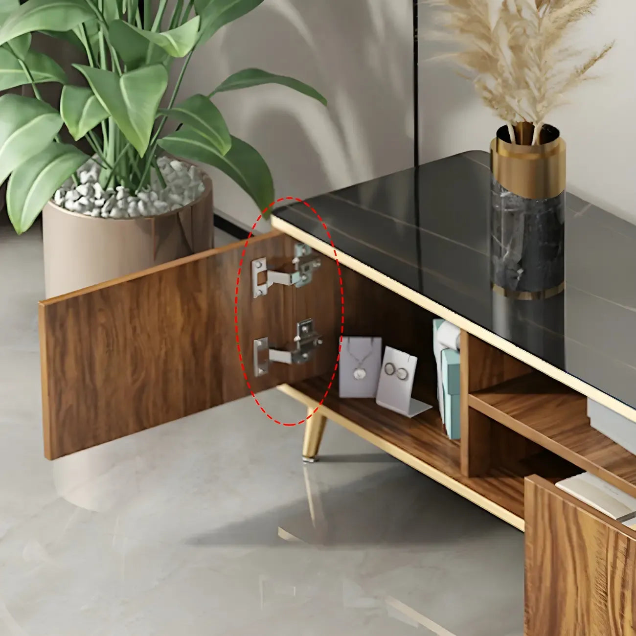 Mobile TV 87 Glam Marrone con ripiano aperto in legno massello e piano in pietra