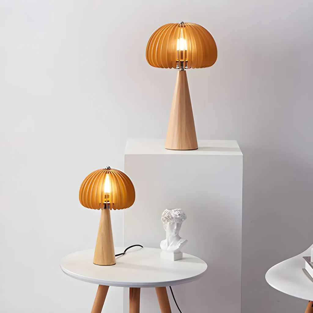 Lampe de table LED Art Déco en bois jaune en forme de champignon