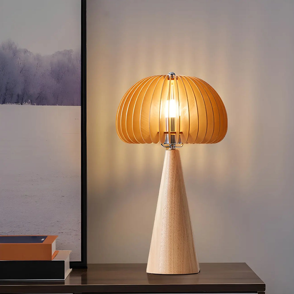 Lampe de table LED Art Déco en bois jaune en forme de champignon