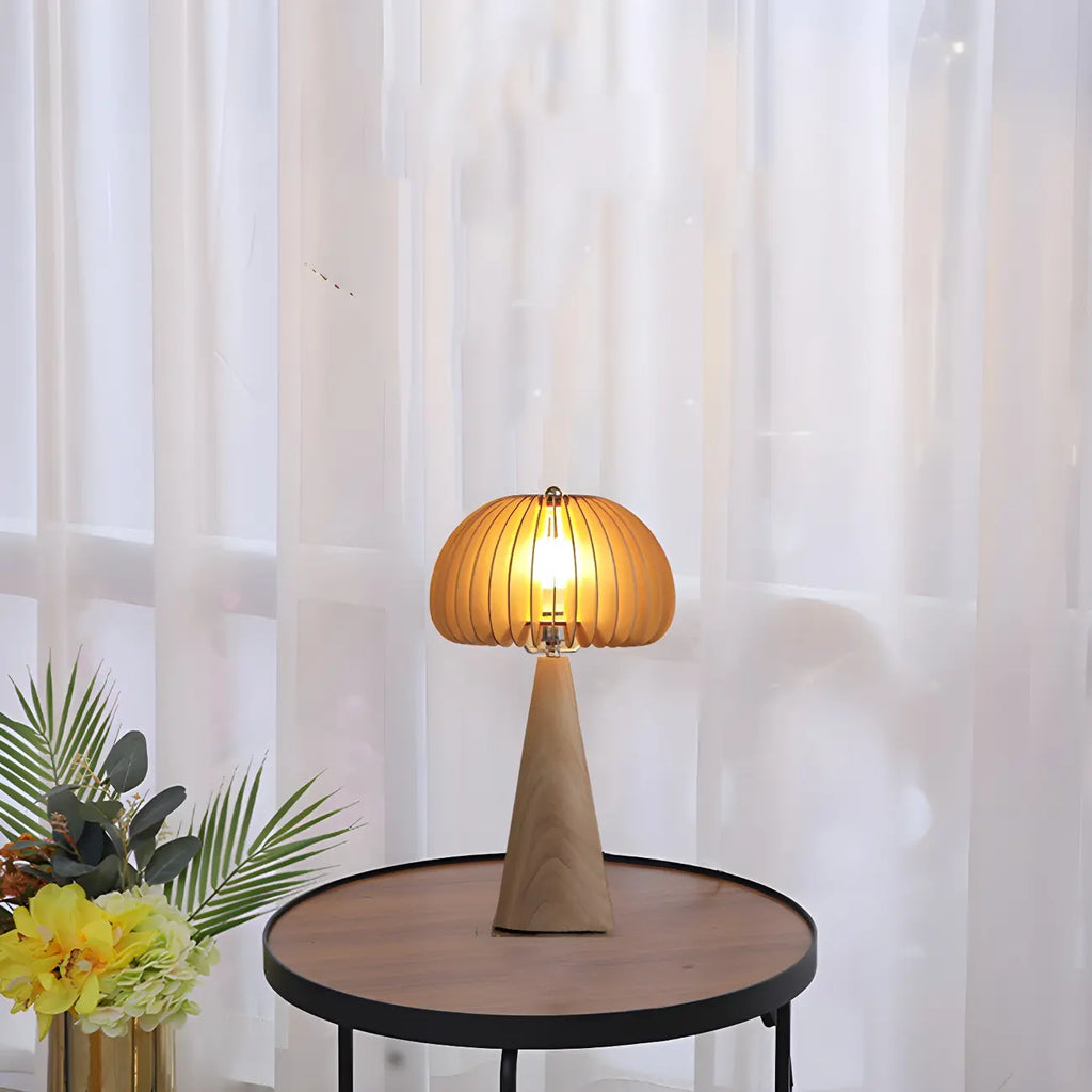 Lampe de table LED Art Déco en bois jaune en forme de champignon