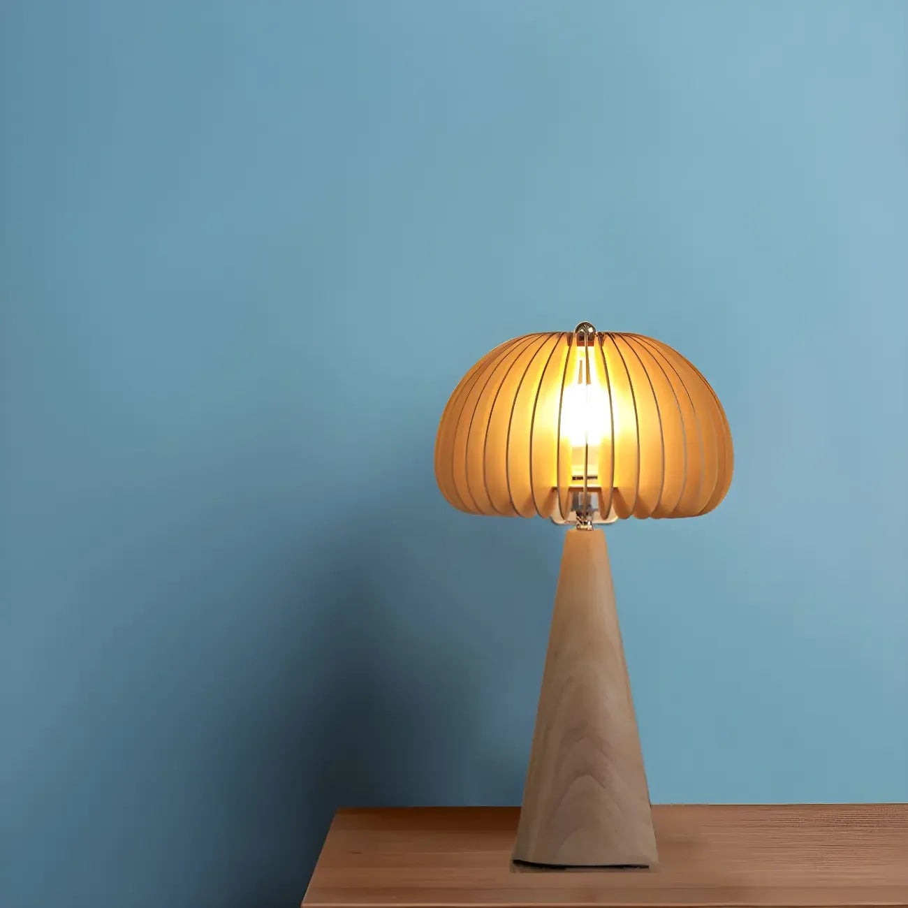Lampe de table LED Art Déco en bois jaune en forme de champignon