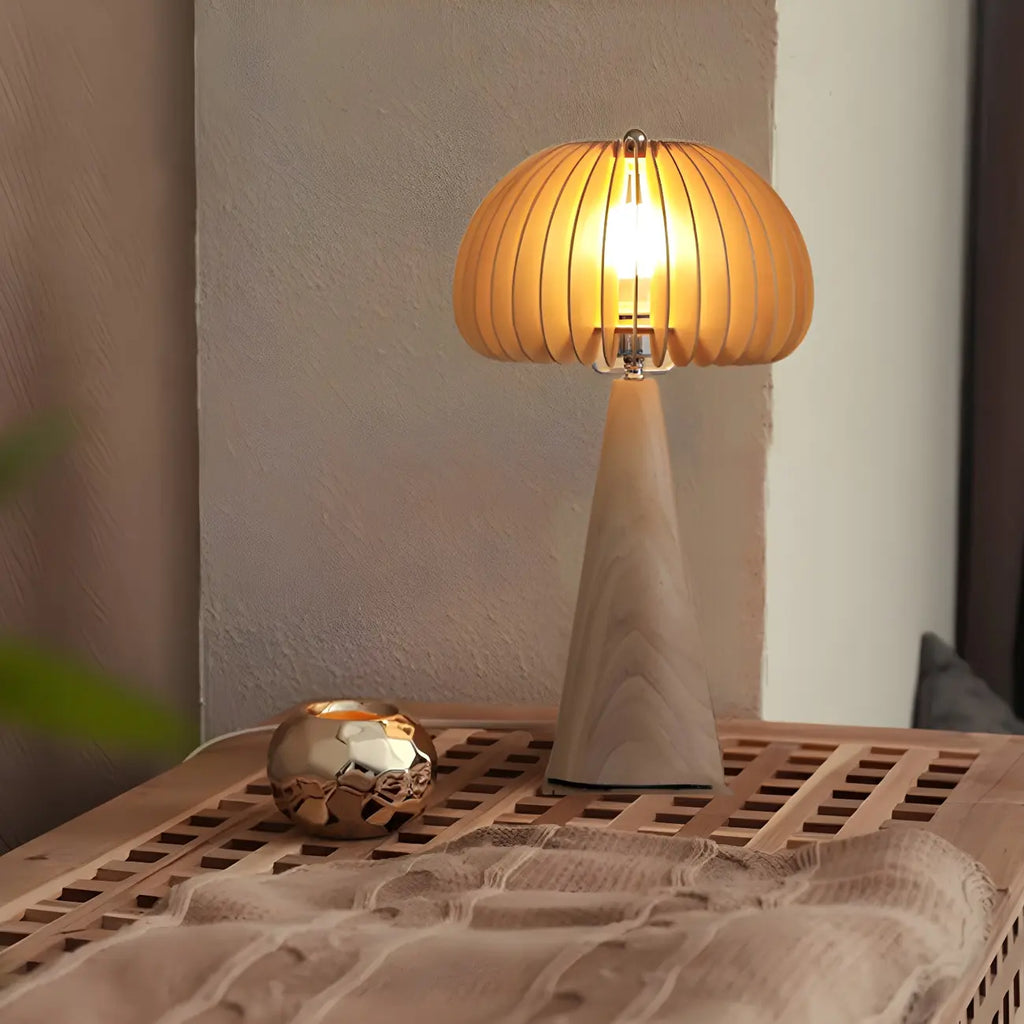 Lampe de table LED Art Déco en bois jaune en forme de champignon