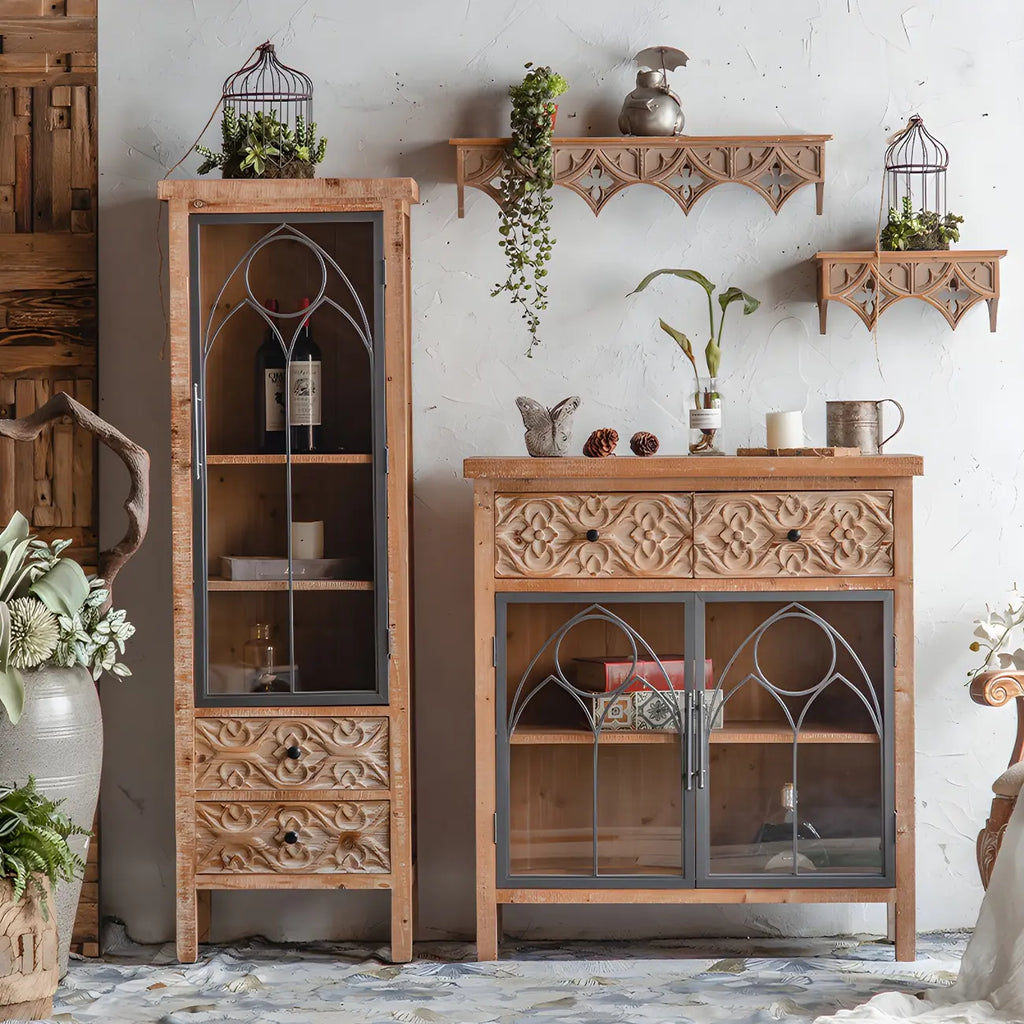 Vitrine classique à deux tiroirs en bois brun moyen et verre