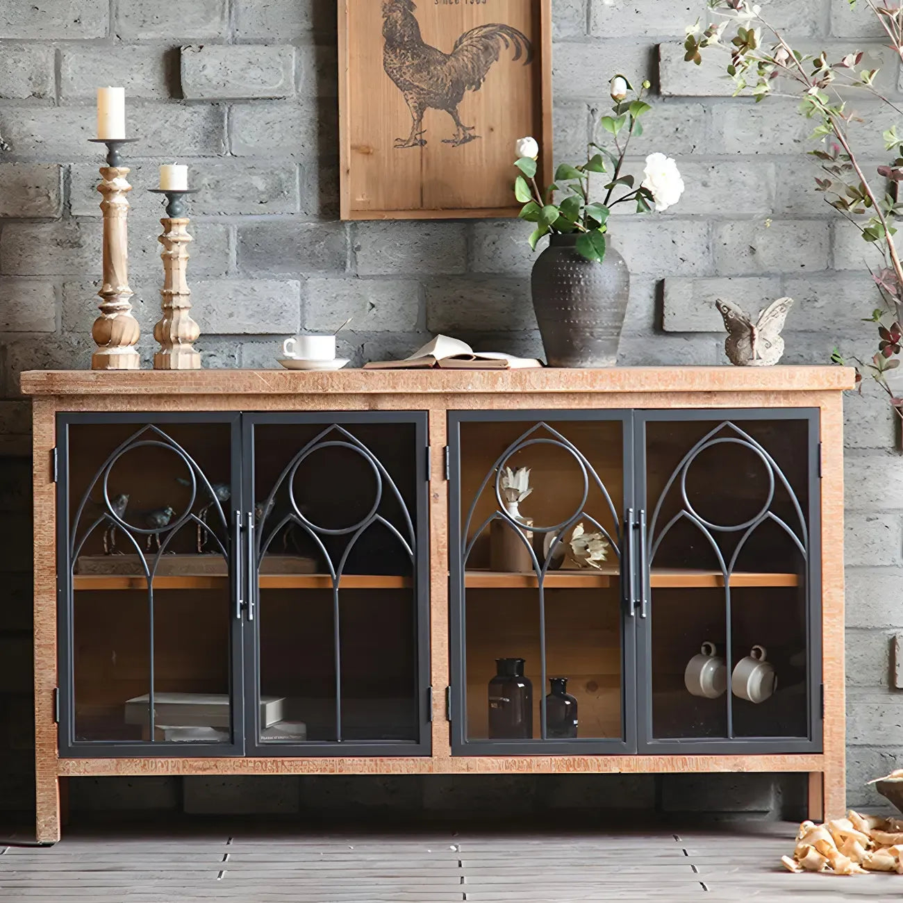 Vitrine classique à deux tiroirs en bois brun moyen et verre