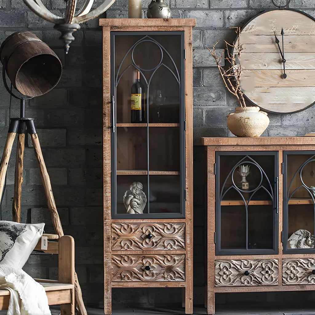 Vitrine classique à deux tiroirs en bois brun moyen et verre