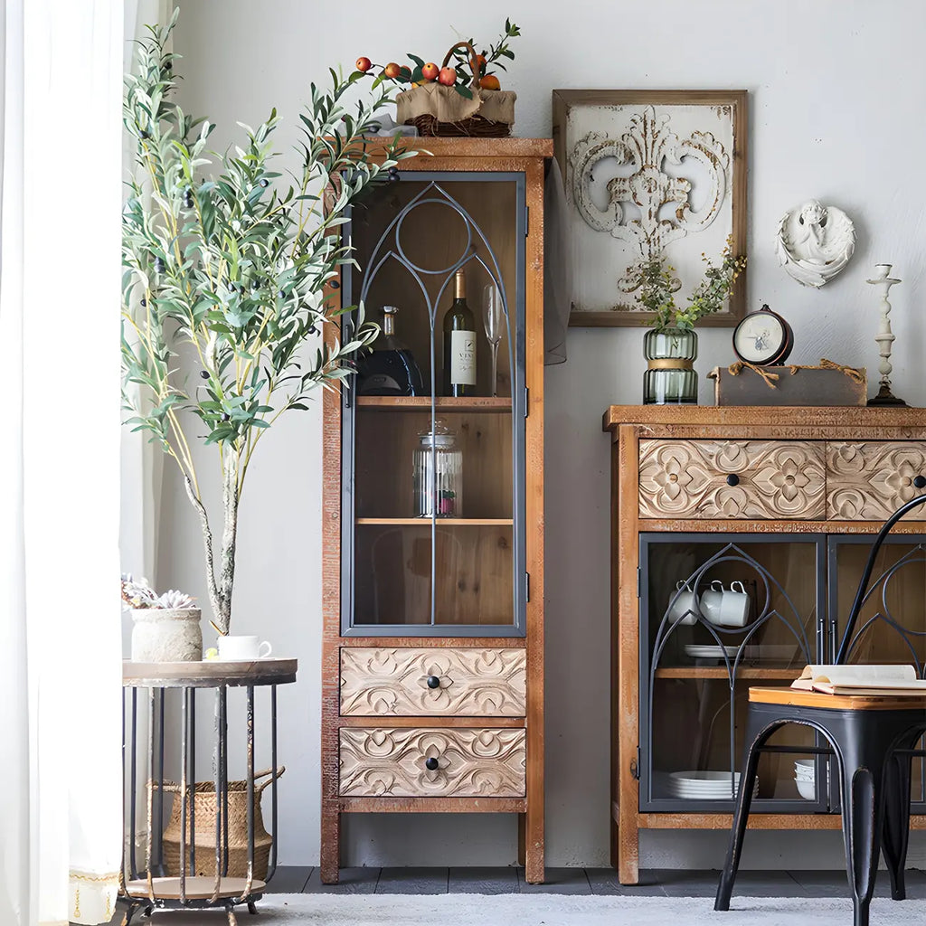 Vitrine classique à deux tiroirs en bois brun moyen et verre