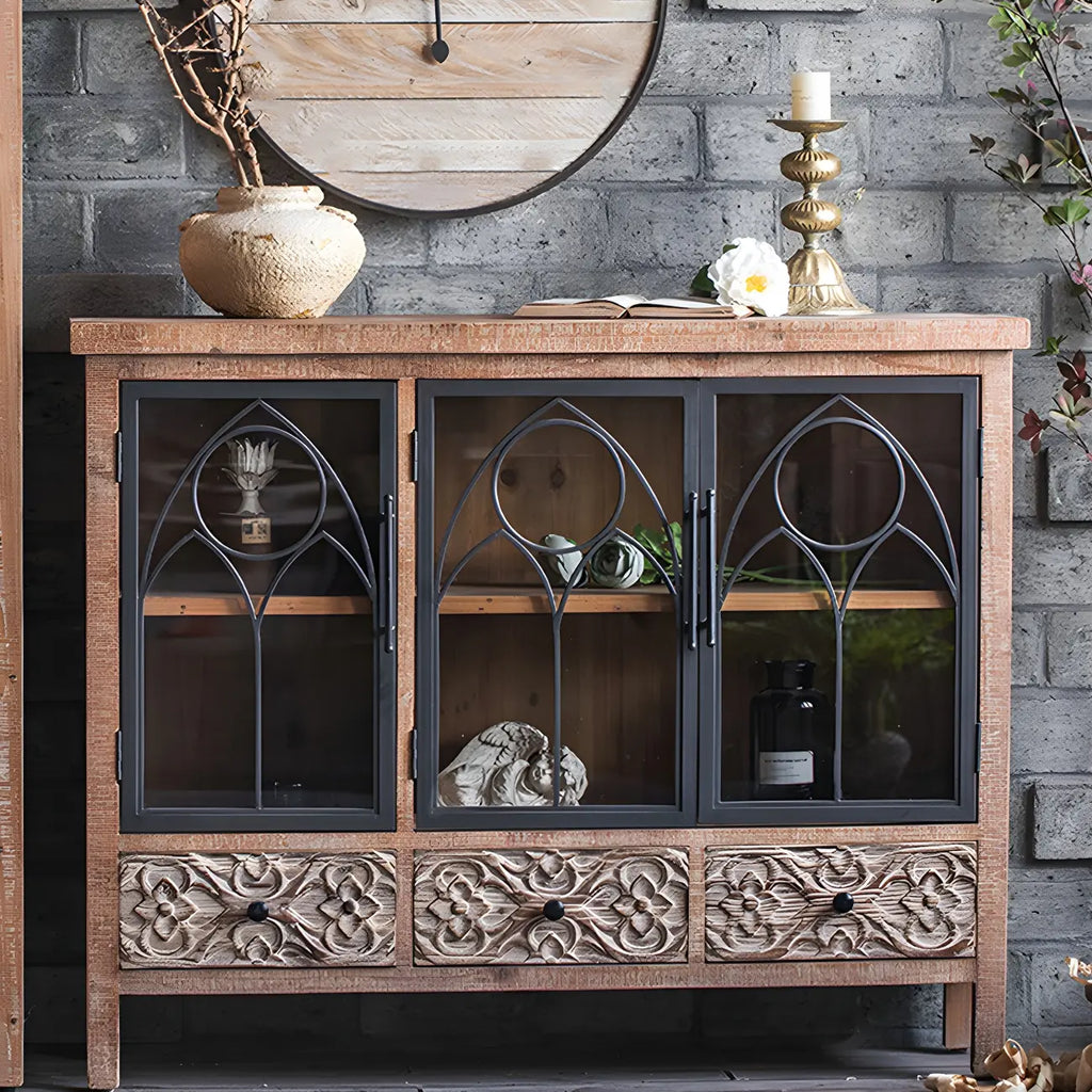 Vitrine classique à deux tiroirs en bois brun moyen et verre