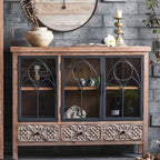 Vitrine classique à deux tiroirs en bois brun moyen et verre