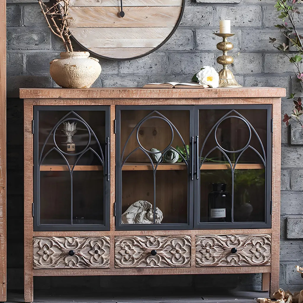 Vitrine classique à deux tiroirs en bois brun moyen et verre