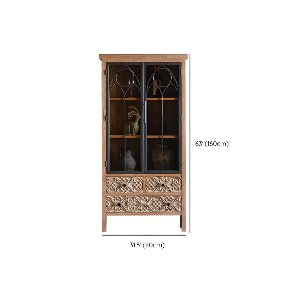 Vitrine classique à deux tiroirs en bois brun moyen et verre