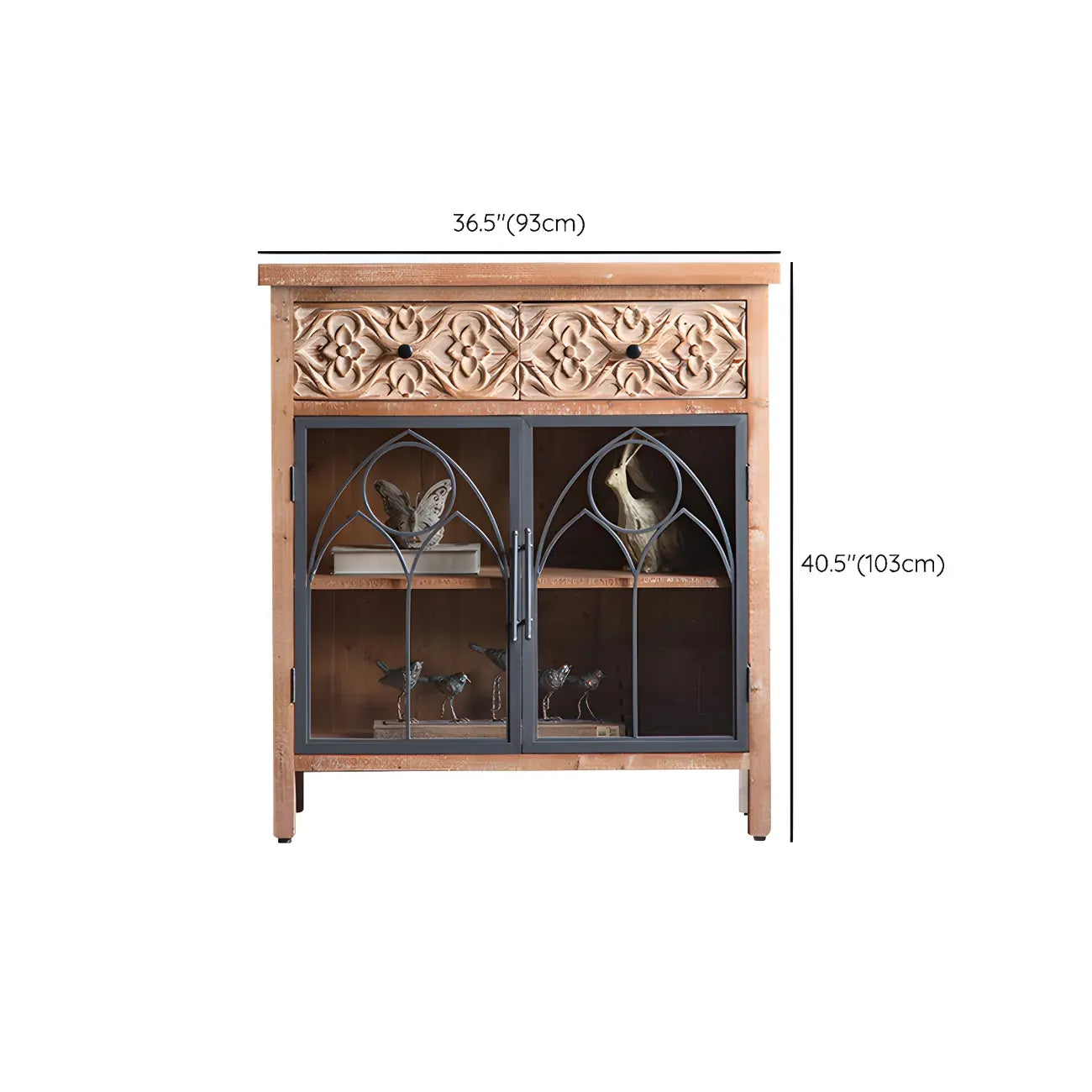 Vitrine classique à deux tiroirs en bois brun moyen et verre