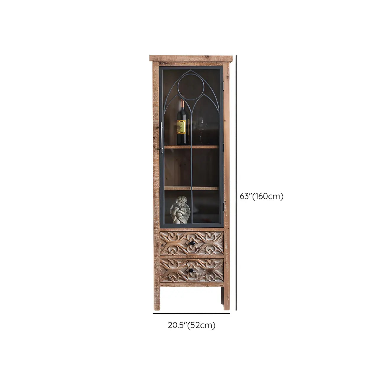 Vitrine classique à deux tiroirs en bois brun moyen et verre