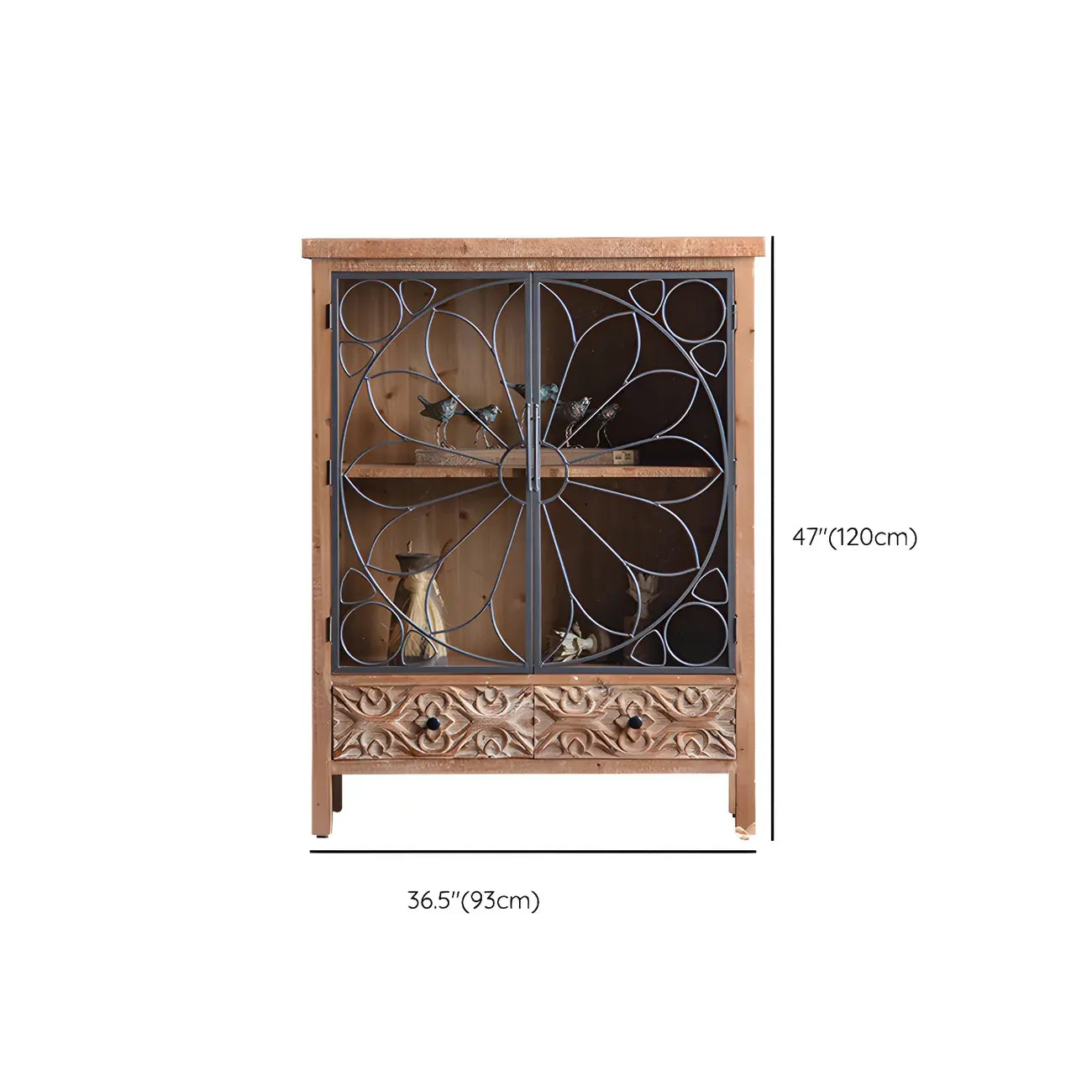 Vitrine classique à deux tiroirs en bois brun moyen et verre