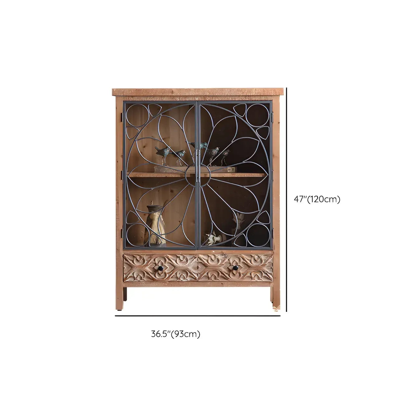 Vitrine classique à deux tiroirs en bois brun moyen et verre