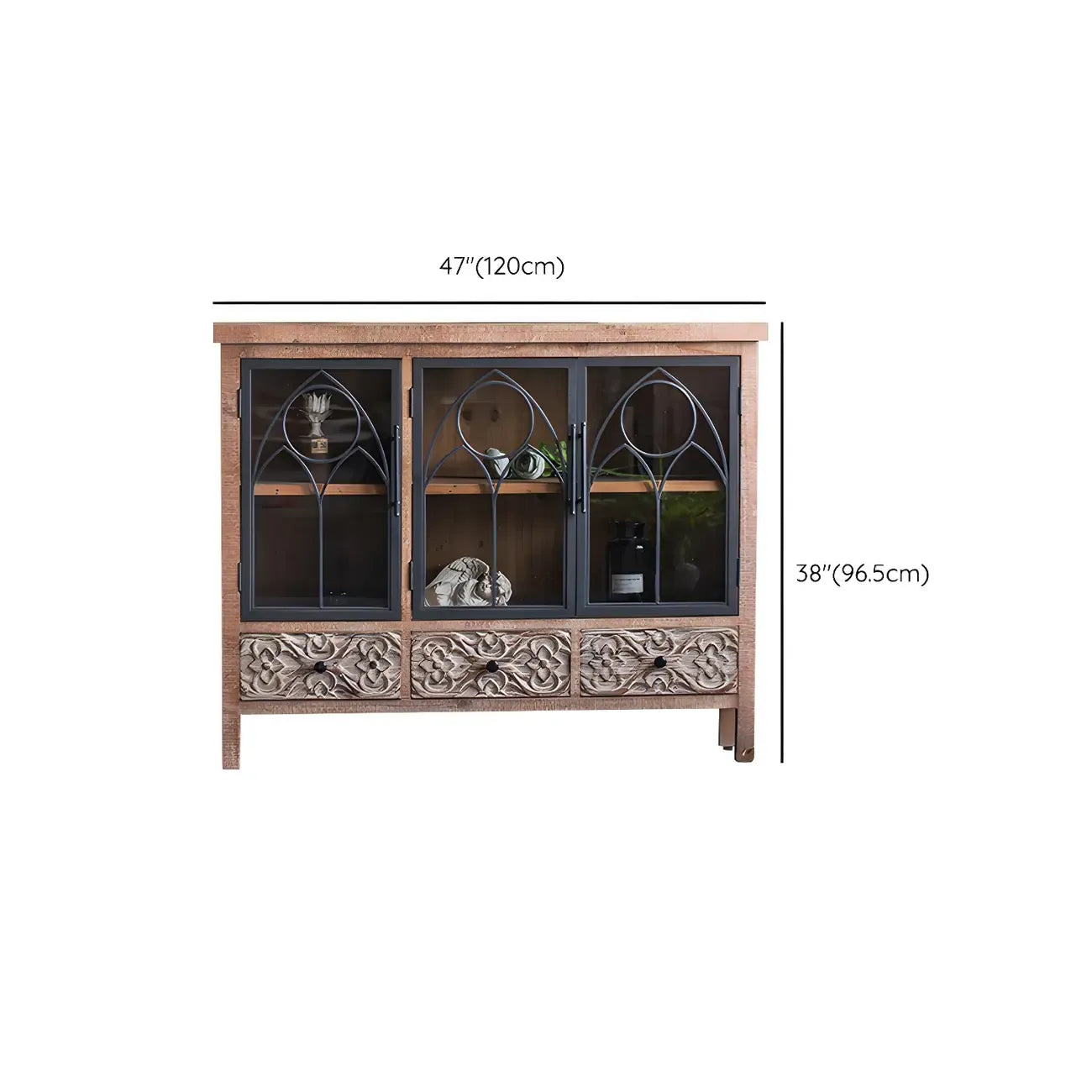Vitrine classique à deux tiroirs en bois brun moyen et verre