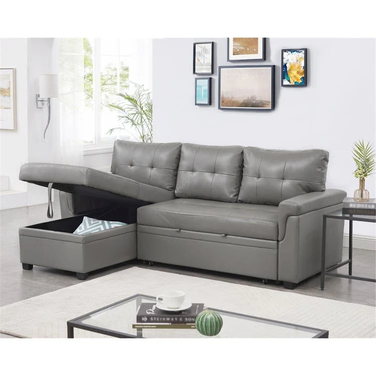 Canapé d'angle convertible et réversible avec lit gigogne, méridienne de rangement dissimulée et pieds robustes.