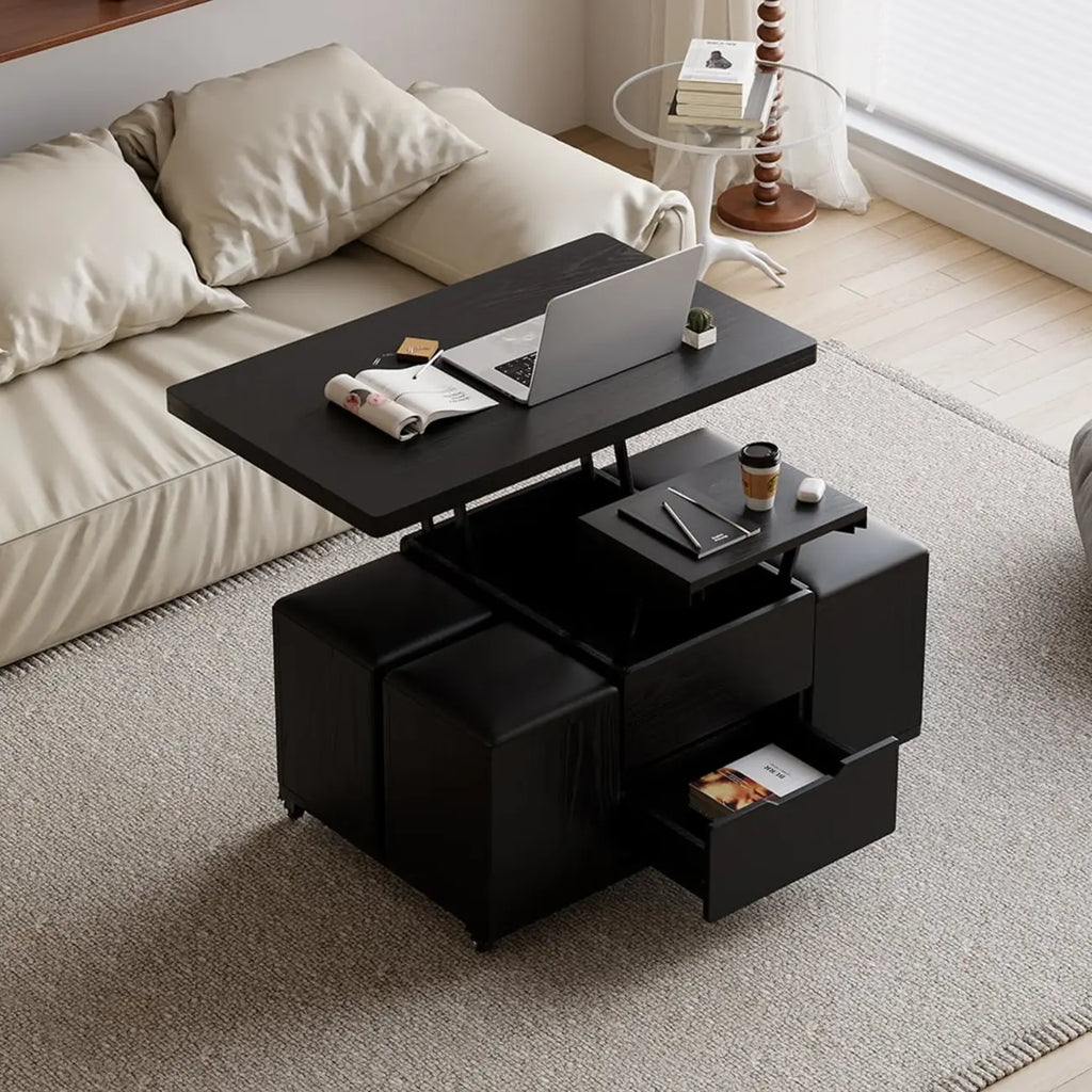 Table basse pliable à plateau relevable avec 4 tabourets et rangement