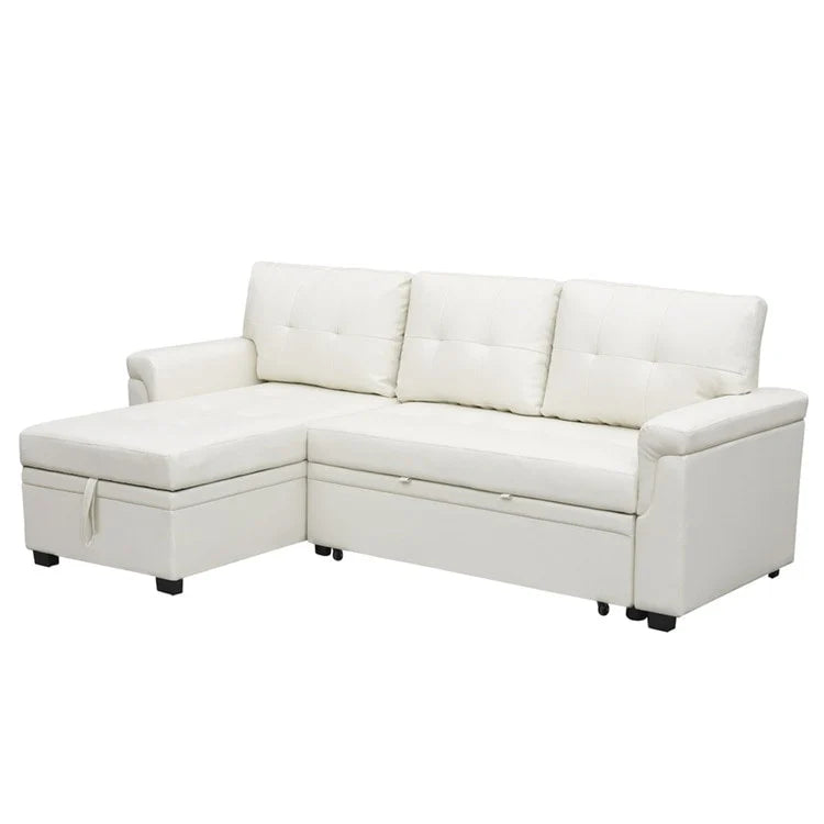 Canapé d'angle convertible et réversible avec lit gigogne, méridienne de rangement dissimulée et pieds robustes.
