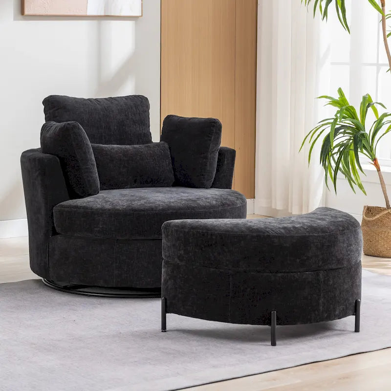 Poltrona girevole imbottita 42.3W con 4 cuscini e pouf contenitore a mezzaluna