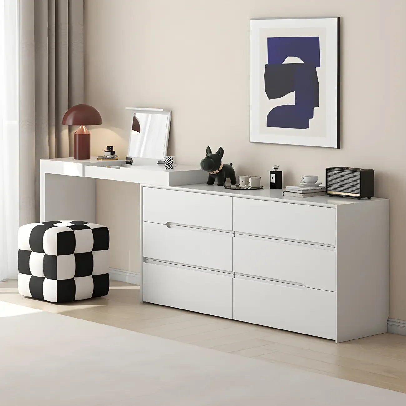 Commode minimaliste en bois blanc avec tiroirs à fermeture douce