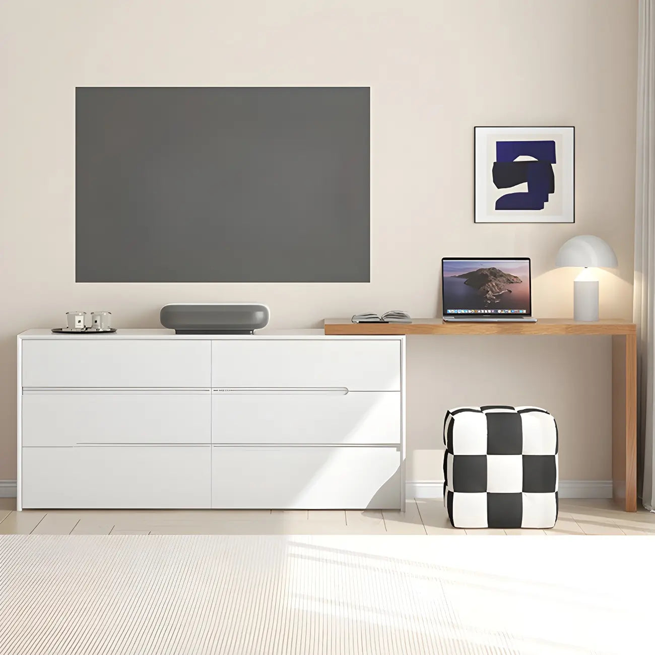 Commode minimaliste en bois blanc avec tiroirs à fermeture douce