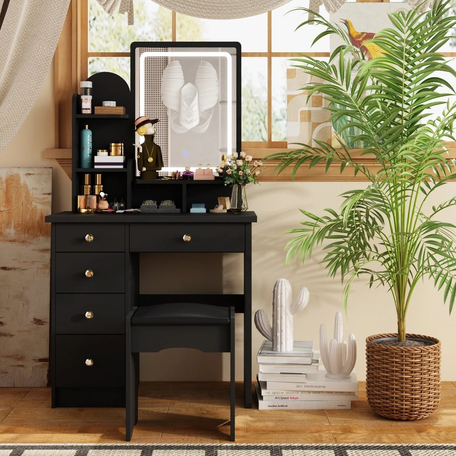 Ensemble coiffeuse avec lumière LED, miroir et tabouret