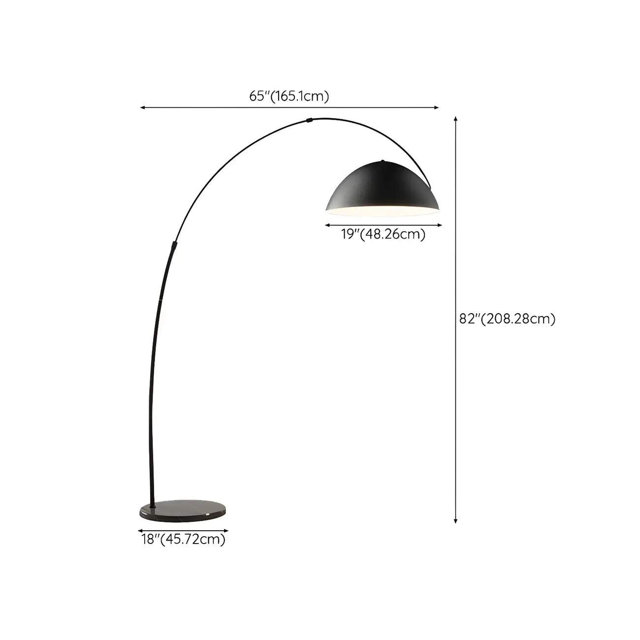 Lampadaire arqué en fer à dôme noir avec interrupteur au pied