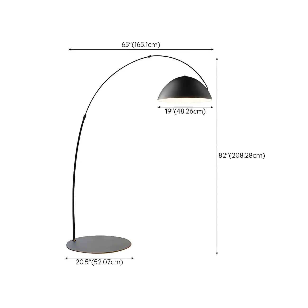 Lampadaire arqué en fer à dôme noir avec interrupteur au pied